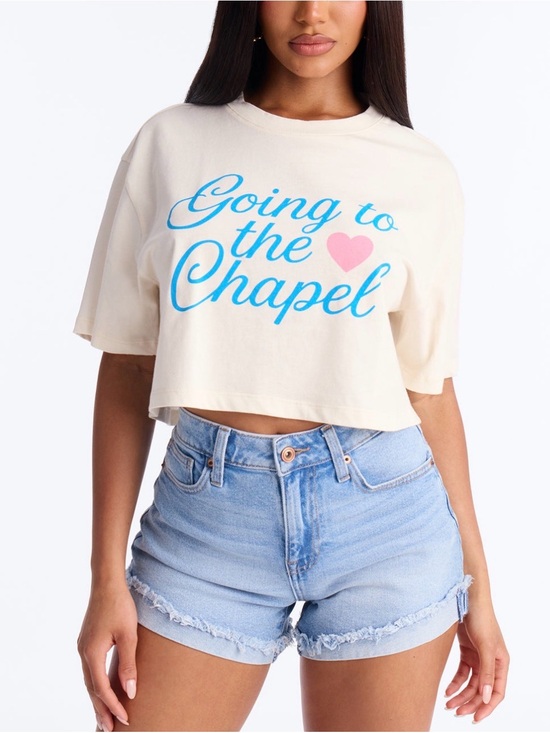 Source Unknown Tops - Source Unknown Cream Crop Top with Blue Script and Pink Heart